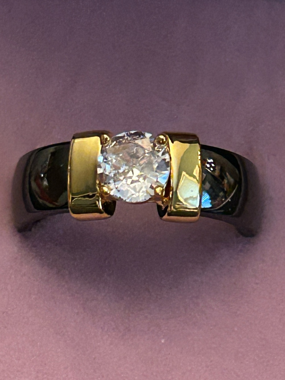 Black and Gold Solitaire Ring with Clear Round Cubic Zirconia Center Stone NWOT